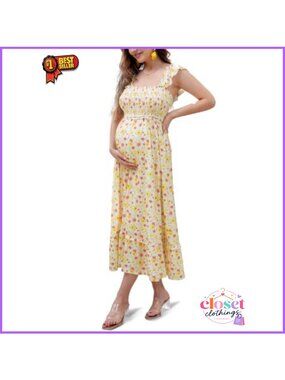 Floral Maternity Maxi Dress Smocked Square Neck Ruffle Sleeve